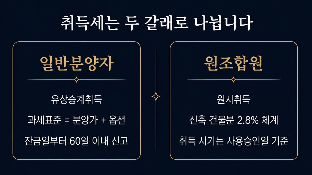 일반분양자는 유상승계취득으로 분양가와 옵션이 과세표준이며 잔금일부터 60일 이내 신고, 원조합원은 원시취득으로 신축 건물분 2.8% 체계이며 사용승인일 기준